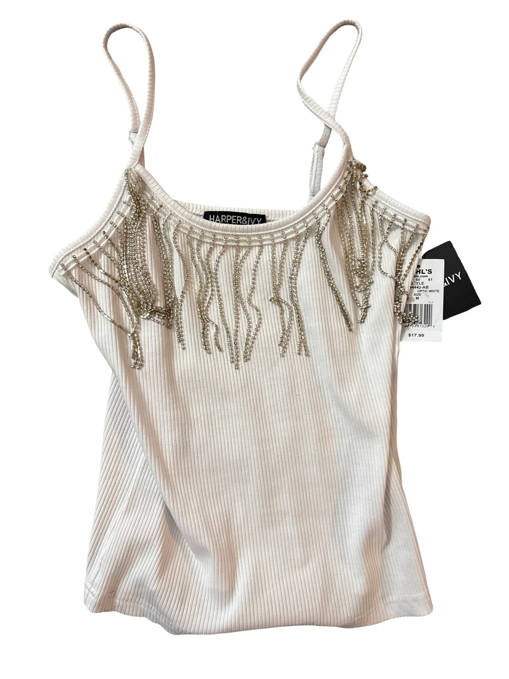 Harper White Ribbed Cami with Silver Rhinestone Fringe Detail